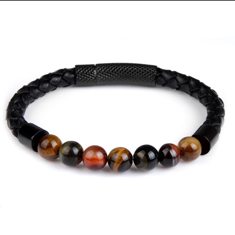Men’s Steel Clasp Tiger Eye Stone Leather Bracelet